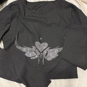 Black rhinestone cropped long sleeve